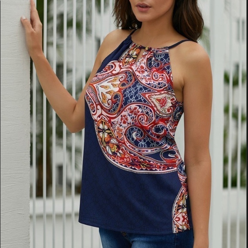 (Bonus Jewelry included ‼️) Tropical Floral Print Keyhole Front Tank Top